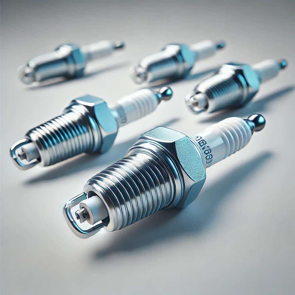 Five shiny, metallic spark plugs are arranged on a smooth, light surface, with three in the foreground and two slightly blurred in the background. The image highlights their detailed grooves and threaded ends.