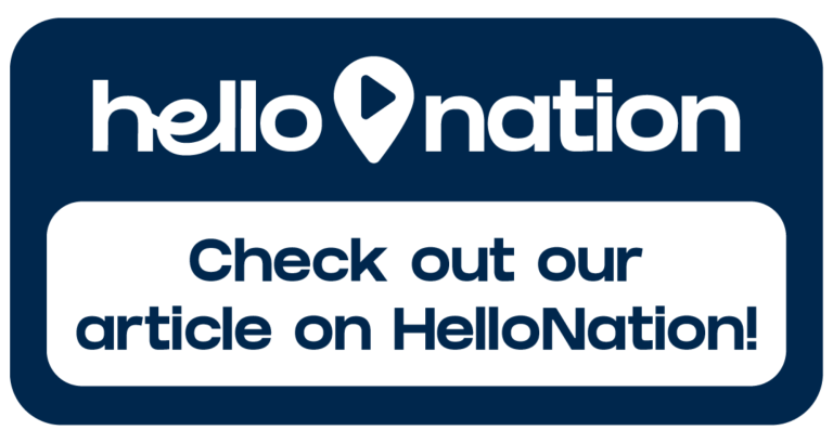 Dark blue and white graphic with the text hello nation at the top and Check out our article on HelloNation! in a white box below. The o in hello features a play button, highlighting topics like auto repair Northglenn CO.